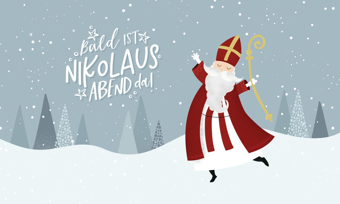 Gezeichneter Nikolaus und die Worte 'Bald ist Nikoloabend da'
